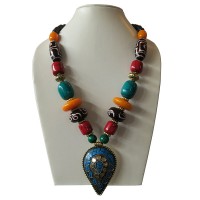 Colorful beads necklace with decorated pendent