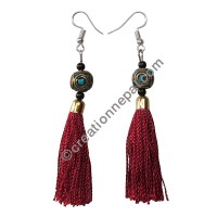 Decorated bead burgundy yarn earring