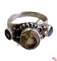 Yellow topaz and amethyst silver finger ring