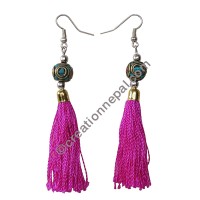 Decorated bead pink yarn earring